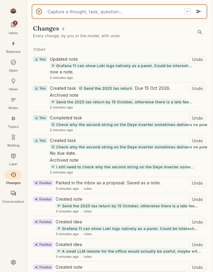 The Changes view: a timeline of every edit by you and by Fundus, each with an Undo button.