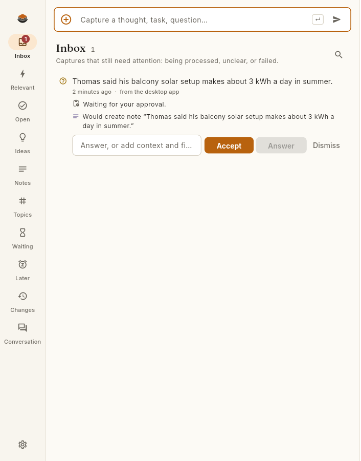 The Fundus inbox: a capture waiting for approval, with a proposed note and Accept, Answer and Dismiss buttons, beside the sidebar of views.