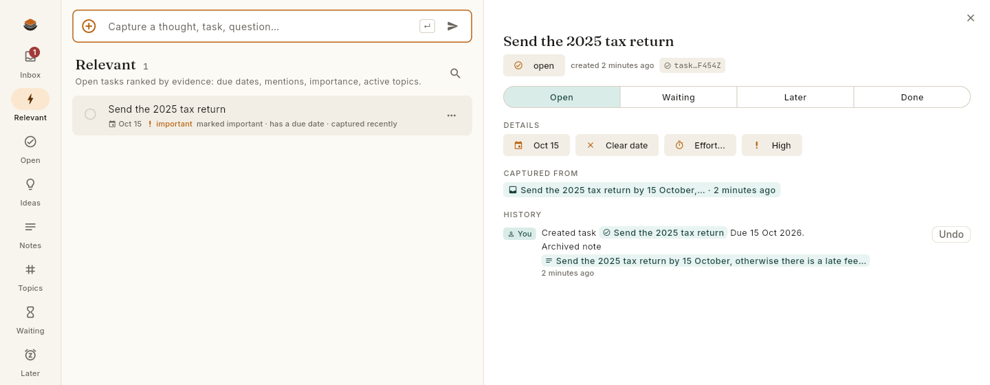 A task opened from the Relevant view, showing its status, due date, where it was captured from, and its full history with an Undo button.