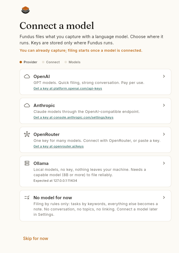 The Fundus first-run screen, choosing a model provider: OpenAI, Anthropic, OpenRouter, a local Ollama model, or no model for now.